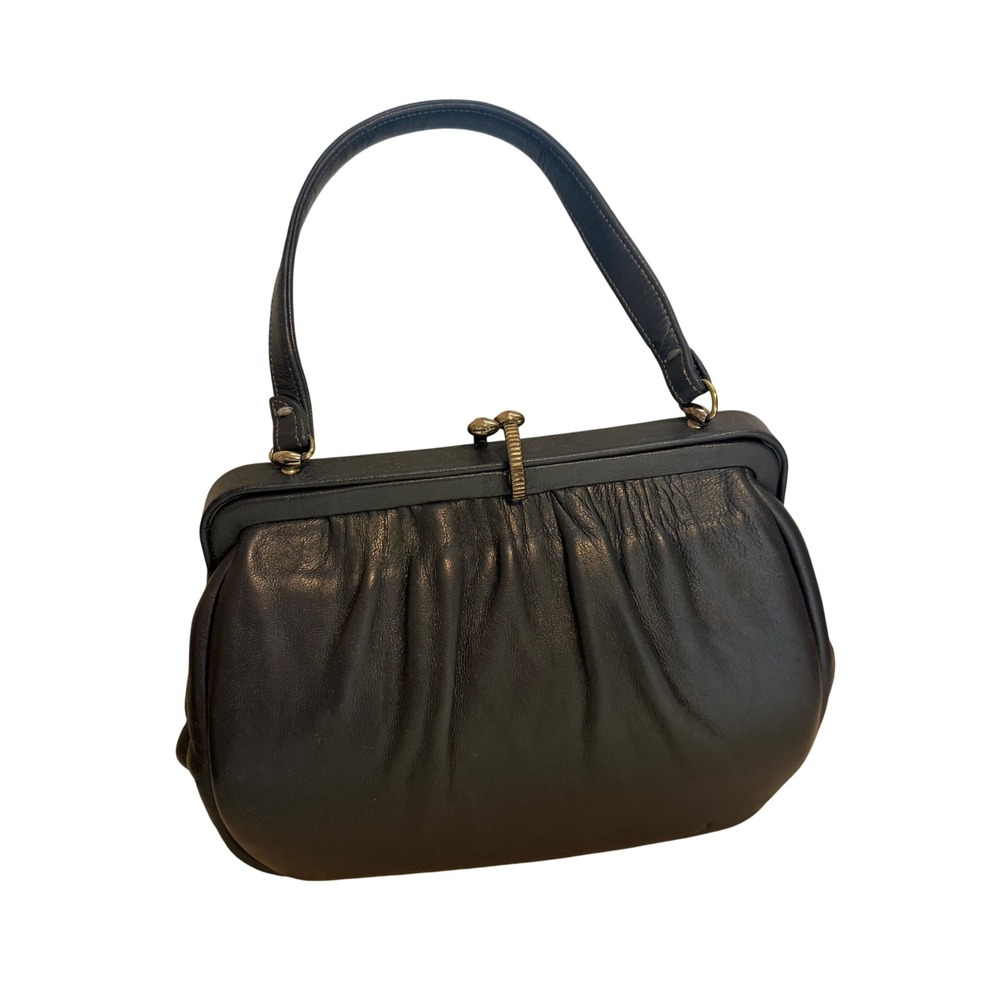 Vintage Etra Black Leather Frame Handbag Kiss Lock Top Handle Bag